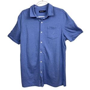 Nautica Men's Blue Short Sleeve Jersey Button-Up Shirt Size Large Casual Stretch